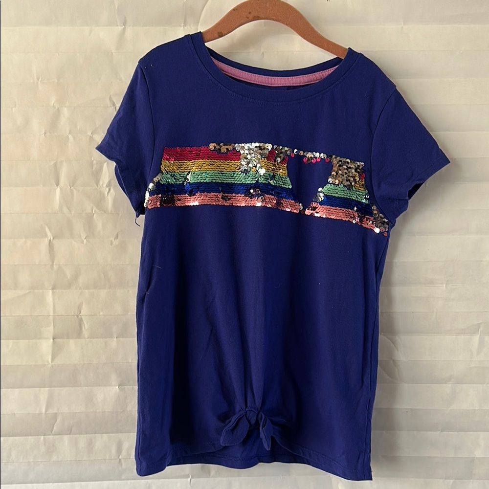Cat & Jack Girls Blue T-Shirt Size 7/8 Flip Sequin Graphic Tee Short Sleeve